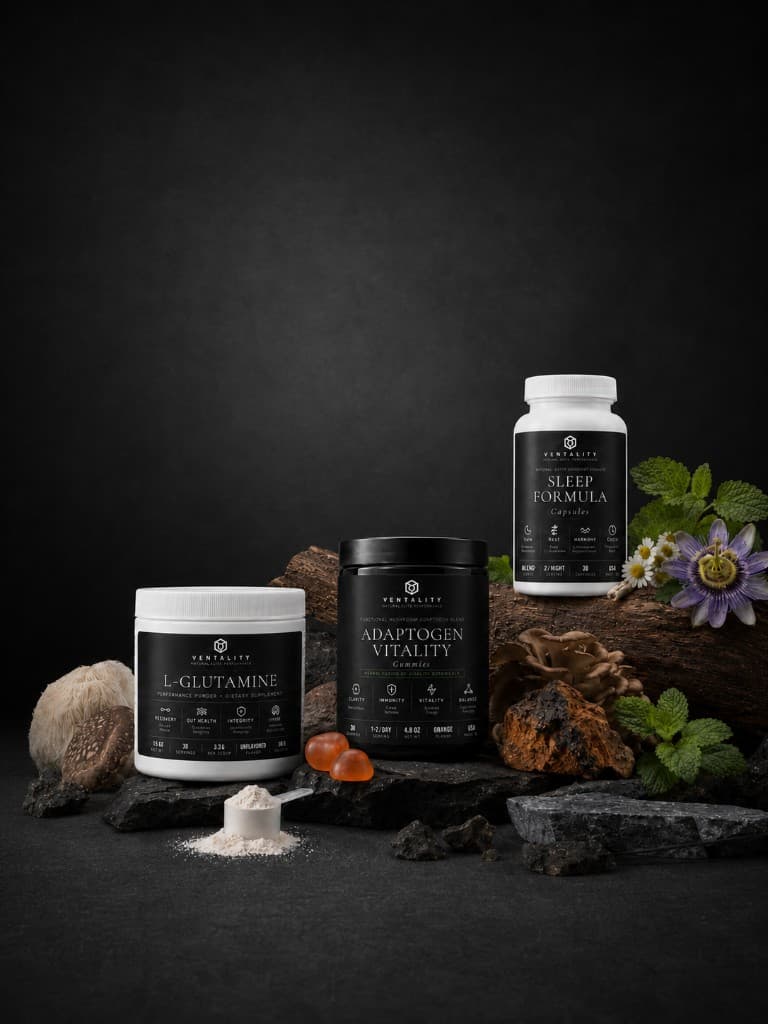 Ventality supplements arranged on dark stone and wood.