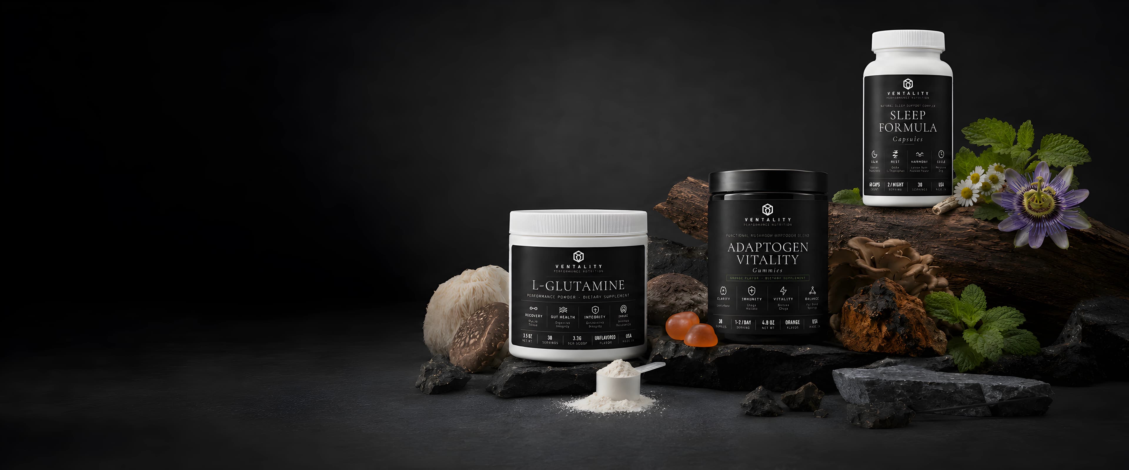 Ventality supplements arranged on dark stone and wood.